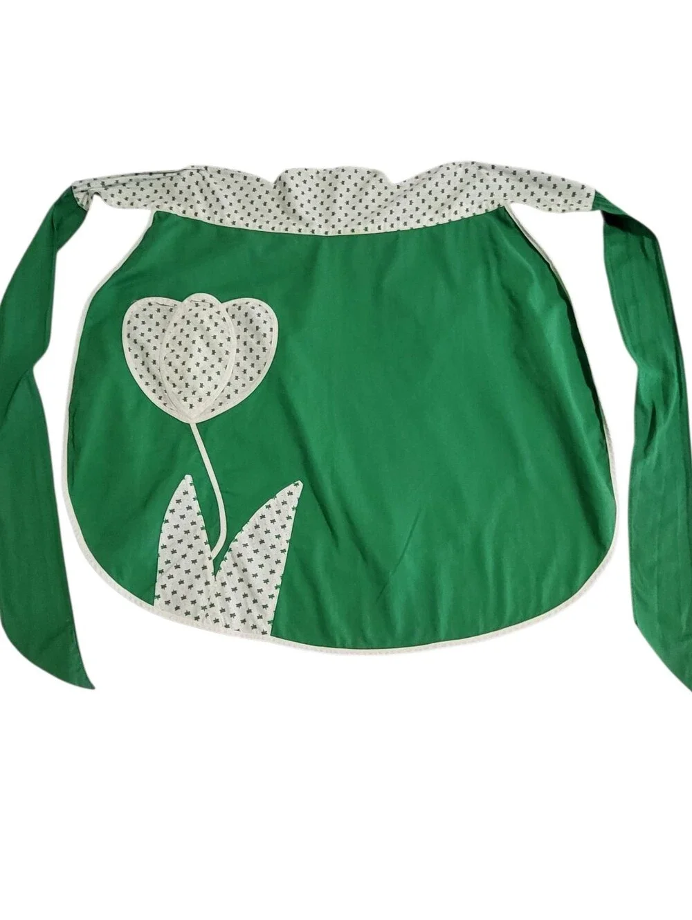 Vintage Handmade Reversible Half Apron Green White Tulip Dragonfly MCM Kitsch